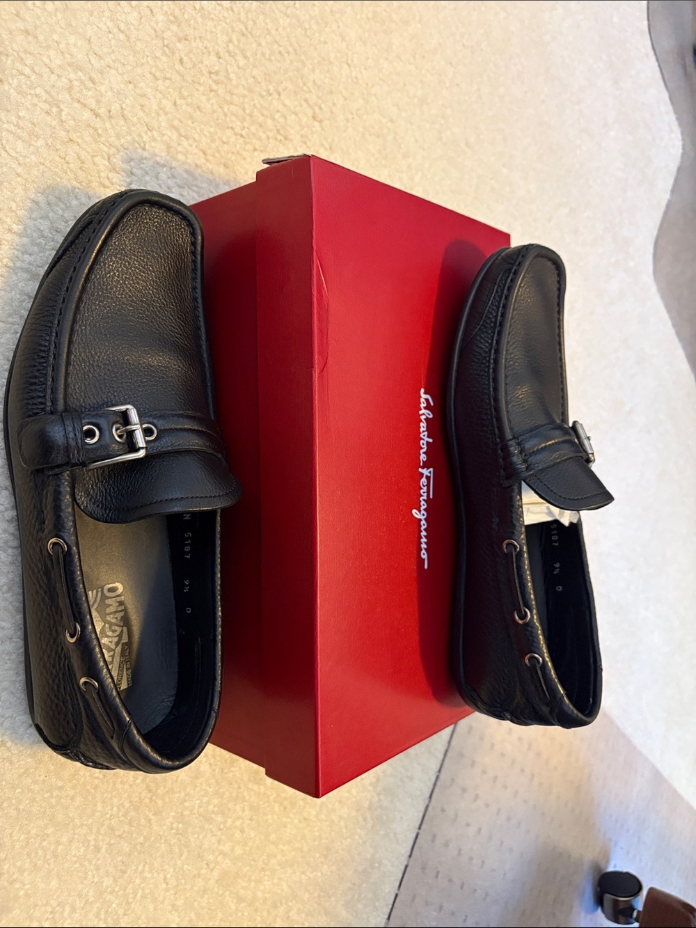Salvatore Ferragamo Black Leather Penny Loafers with Silver Buckle